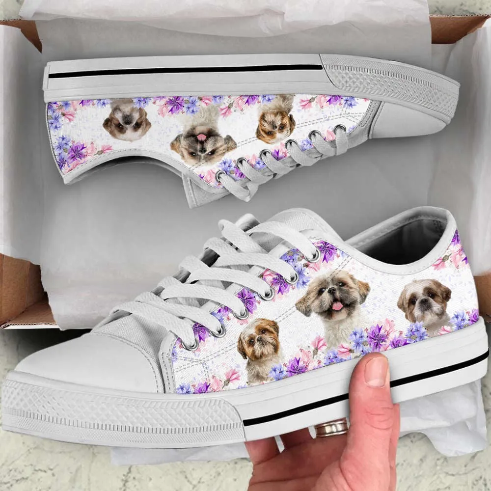 Shih Tzu Dog Purple Flower Version 2 Low Top Shoes Canvas Sneakers, Dog Printed Shoes, Canvas Shoes For Men, Women