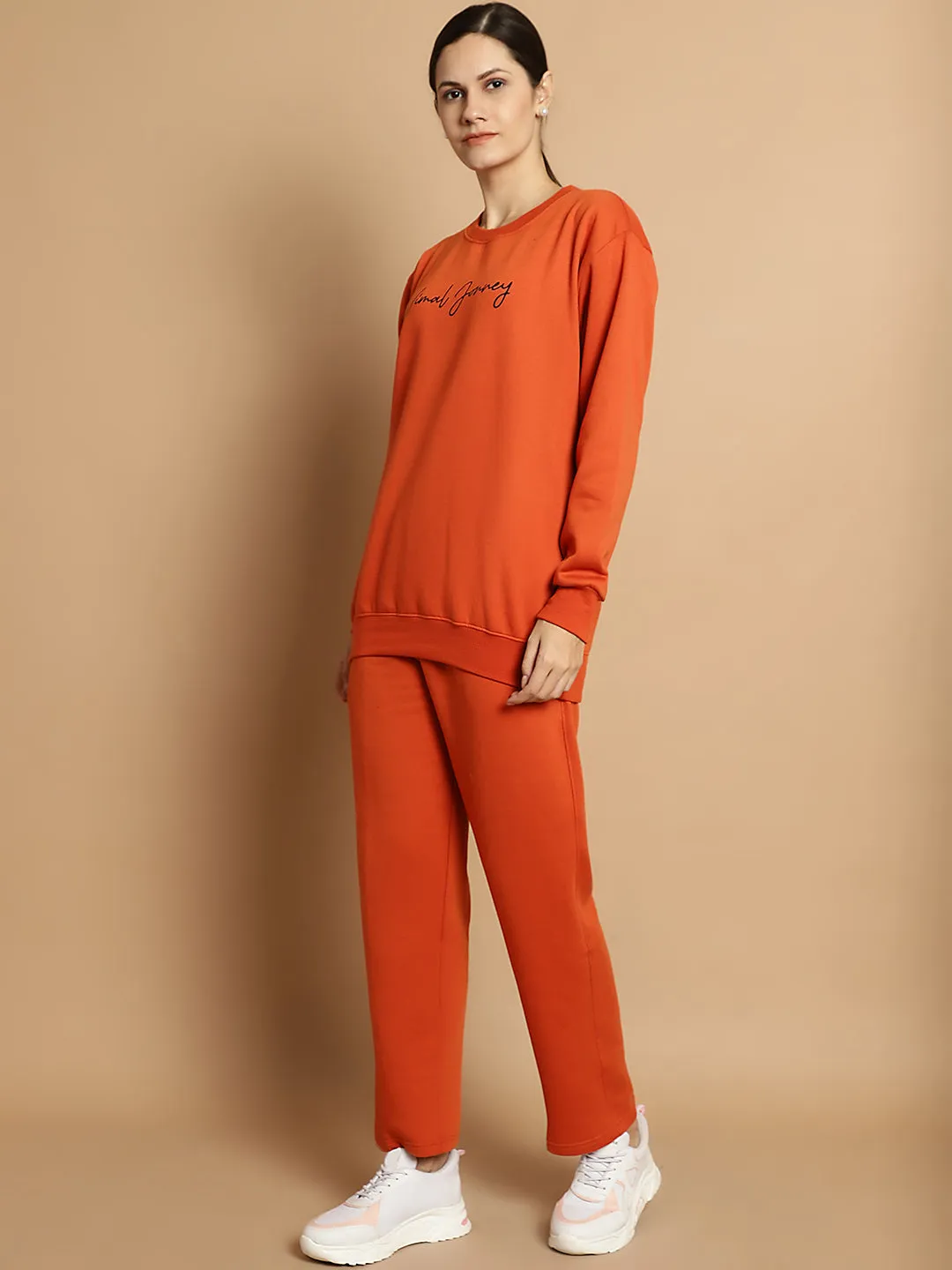 Vimal Jonney Rust Printed Round Neck Cotton Fleece Tracksuit for Women(2 Side Pocket 1 Side Zip)