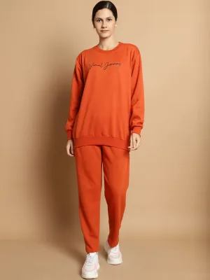 Vimal Jonney Rust Printed Round Neck Cotton Fleece Tracksuit for Women(2 Side Pocket 1 Side Zip)