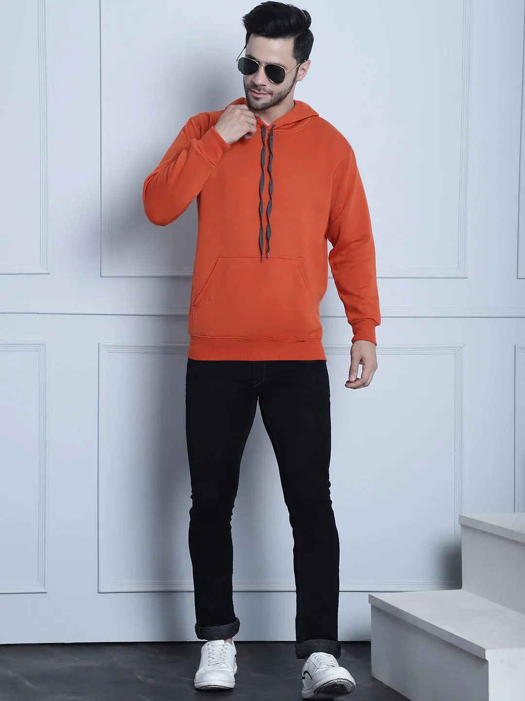 Vimal Jonney Rust Solid Hooded Cotton Fleece Sweatshirt for Men