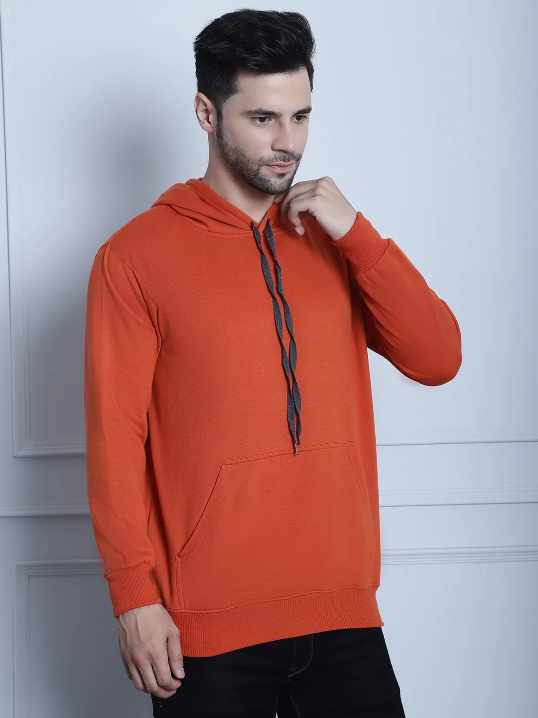 Vimal Jonney Rust Solid Hooded Cotton Fleece Sweatshirt for Men