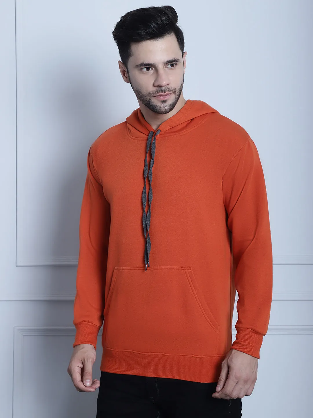 Vimal Jonney Rust Solid Hooded Cotton Fleece Sweatshirt for Men