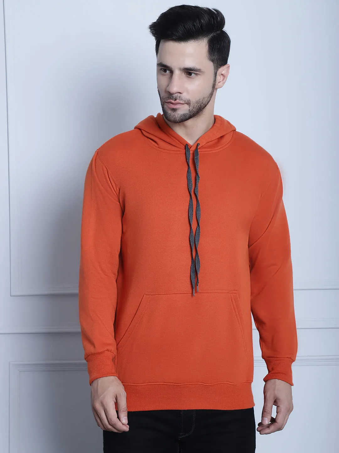 Vimal Jonney Rust Solid Hooded Cotton Fleece Sweatshirt for Men