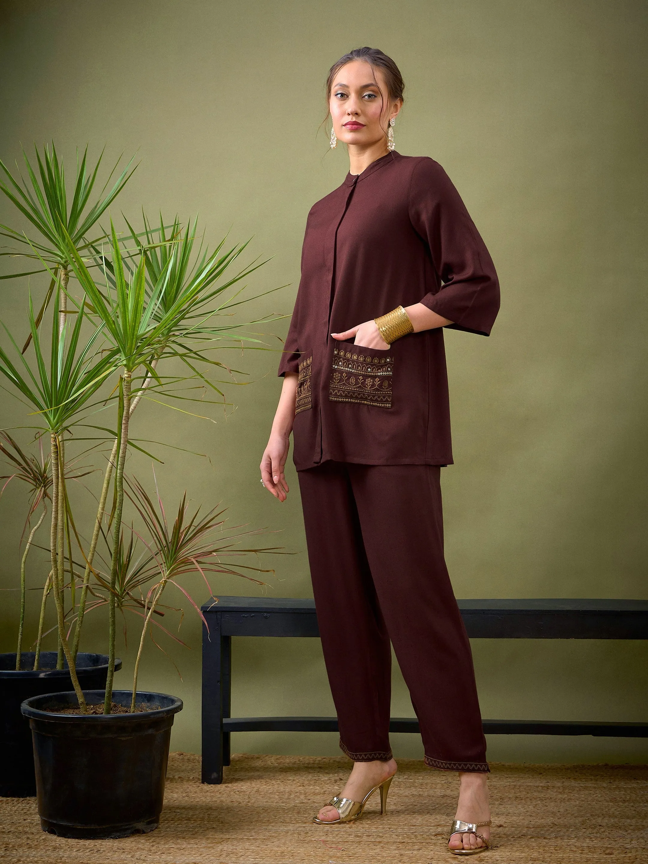 Women Brown Embroidered Pocket Shirt With Palazzos