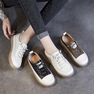 Women Leather Elastic Shoelaces Soft Flat Casual Shoes