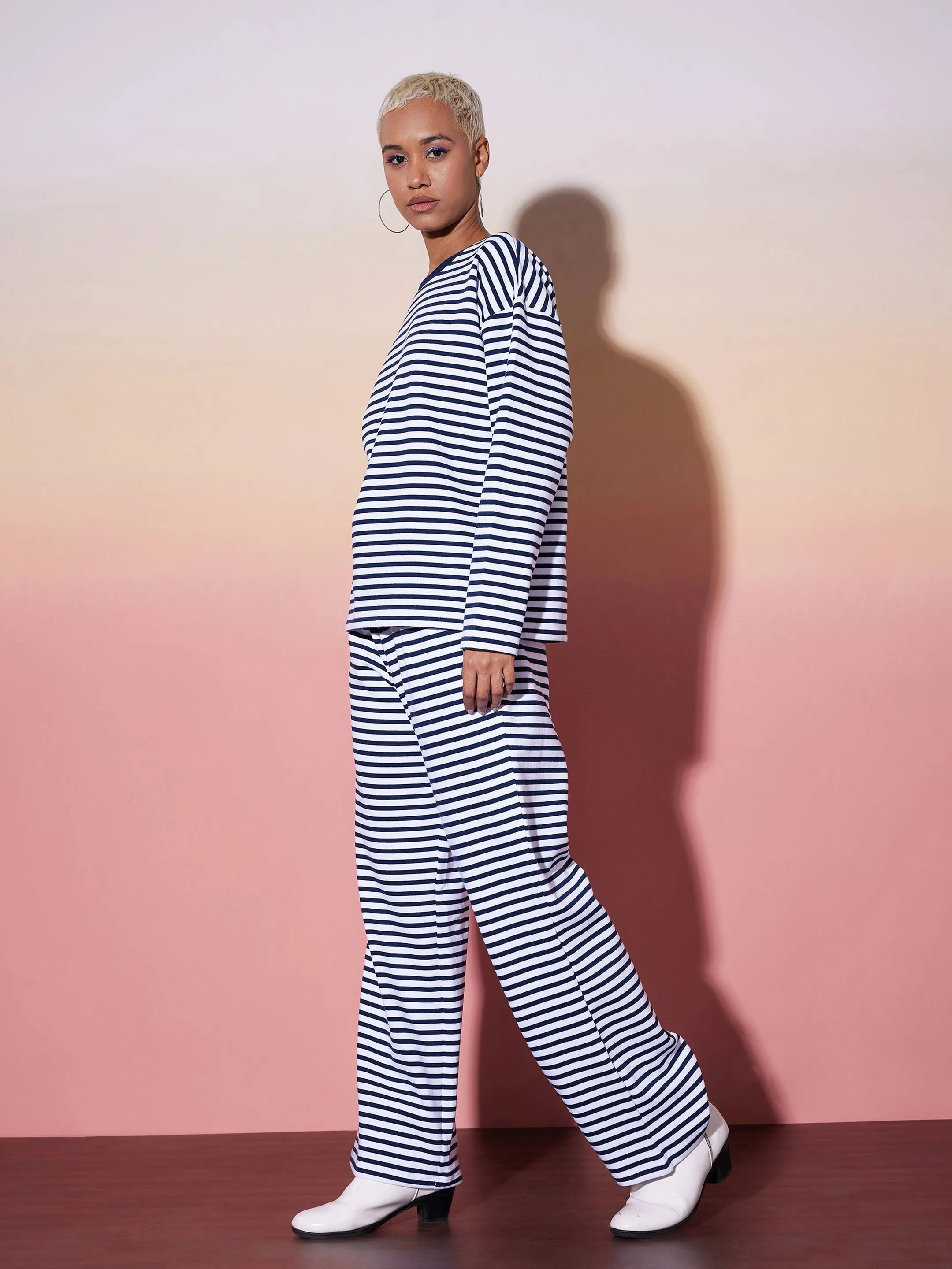 Women Navy & White Stripe Top With Lounge Pants