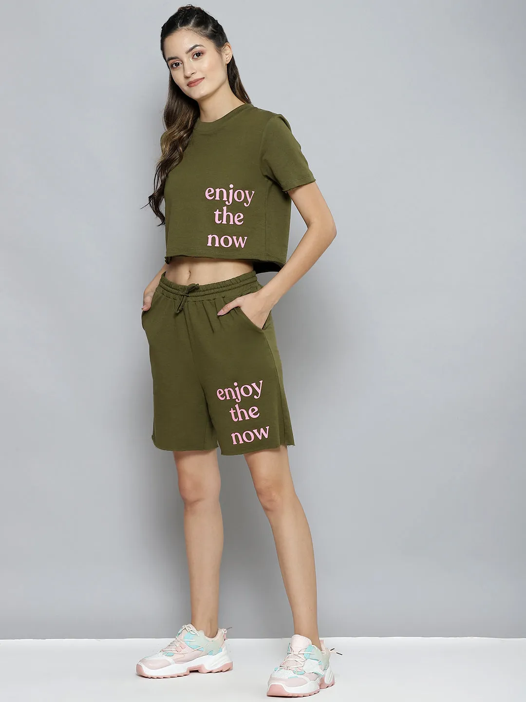 Women Olive Terry Active Crop T-Shirt With Drawstring Shorts