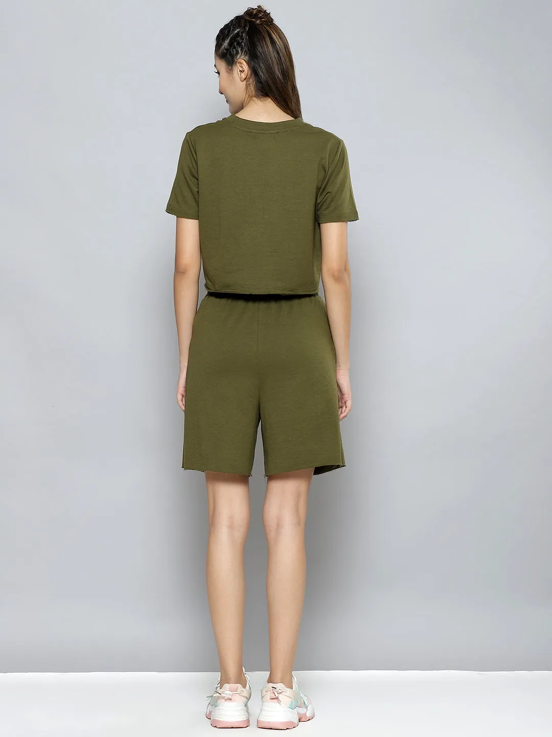 Women Olive Terry Active Crop T-Shirt With Drawstring Shorts