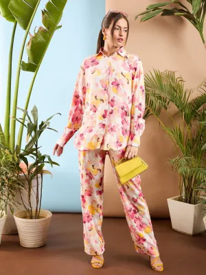 Women Pink Floral Oversize Shirt With Straight Pants