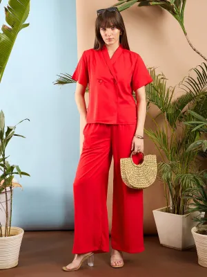 Women Red Shawl Collar Top With Pants