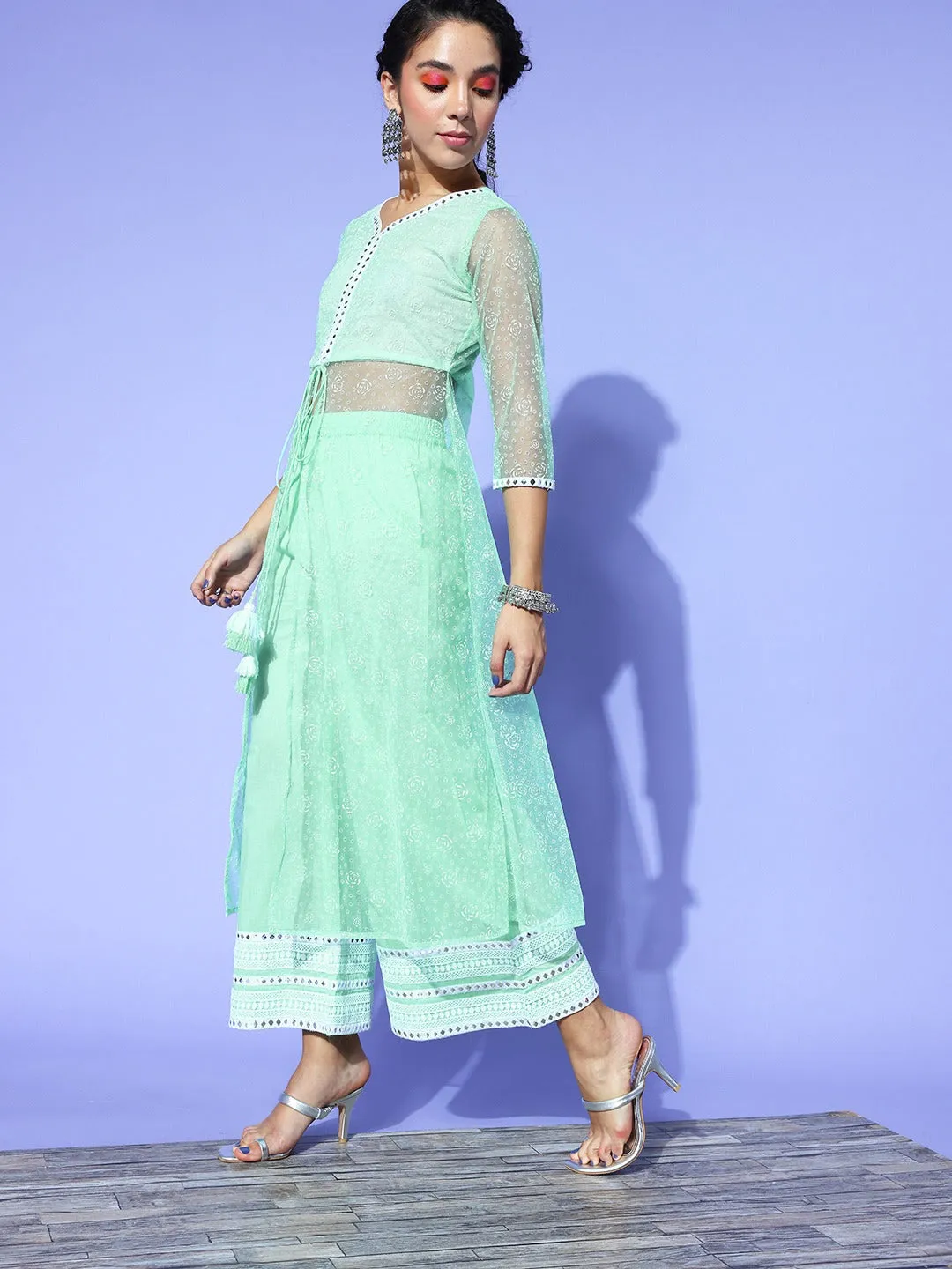 Women Sea Green Net Co-Ord Set