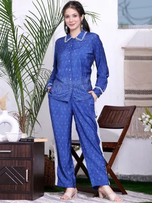 Women Self Design Pure Silk Shirt With Trousers Co-Ords