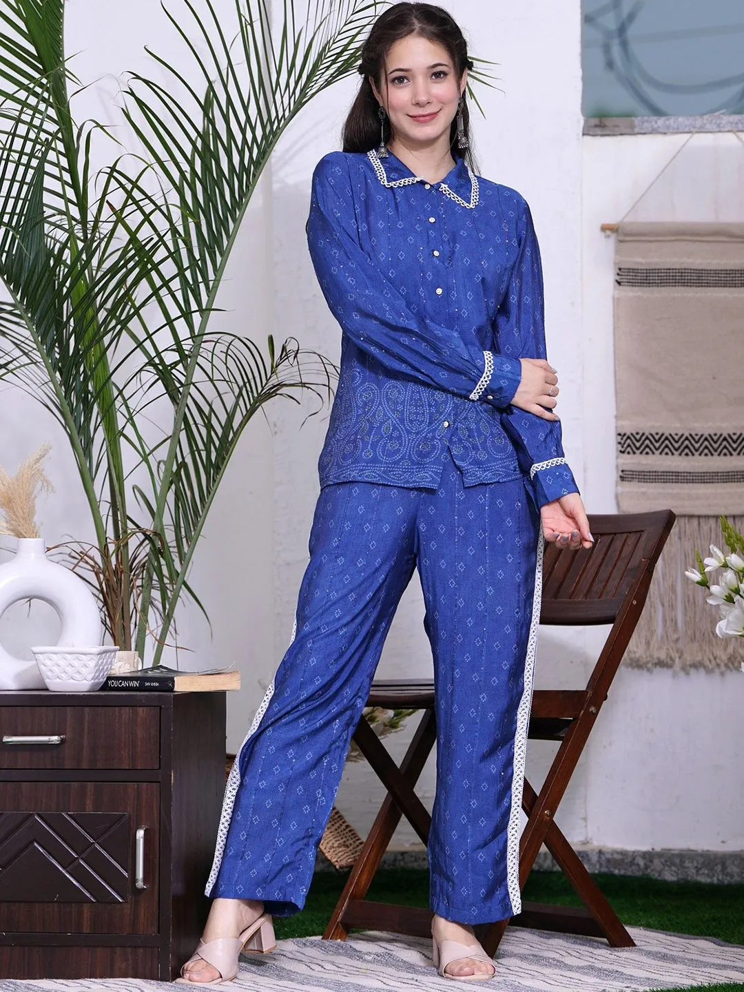 Women Self Design Pure Silk Shirt With Trousers Co-Ords