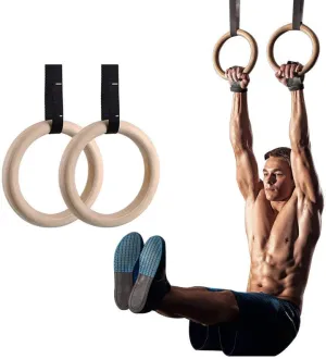 Workout Wood Gymnastic Pull Up Rings |15Ft Adjustable Straps |Non-Slip 32 Mm For